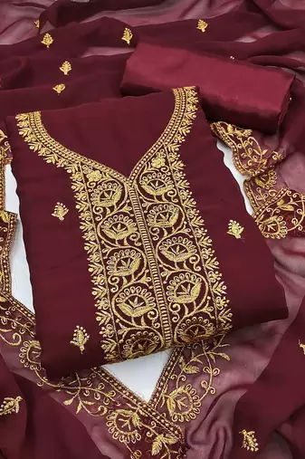 red georgette embroidered unstitched dressmaterials 3 pair top bottom dupptaa