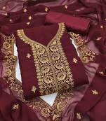 red georgette embroidered unstitched dressmaterials 3 pair top bottom dupptaa