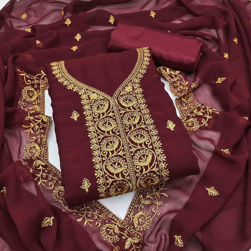 red georgette embroidered unstitched dressmaterials 3 pair top bottom dupptaa