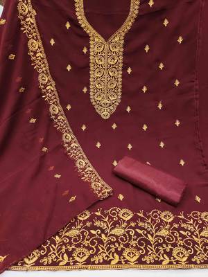 red georgette embroidered unstitched dressmaterials 3 pair top bottom dupptaa 2