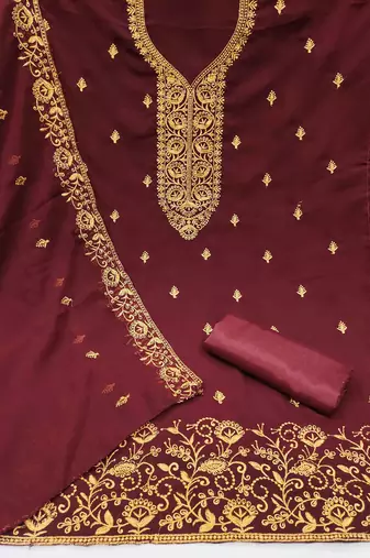 red georgette embroidered unstitched dressmaterials 3 pair top bottom dupptaa