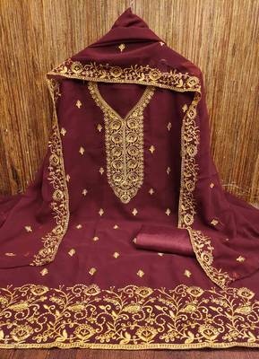red georgette embroidered unstitched dressmaterials 3 pair top bottom dupptaa 3