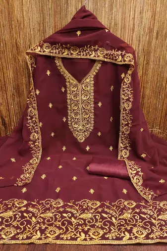 red georgette embroidered unstitched dressmaterials 3 pair top bottom dupptaa