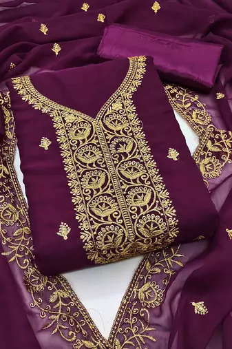 wine georgette embroidered unstitched dressmaterials 3 pair top bottom dupptaa