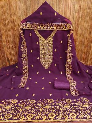 wine georgette embroidered unstitched dressmaterials 3 pair top bottom dupptaa 2