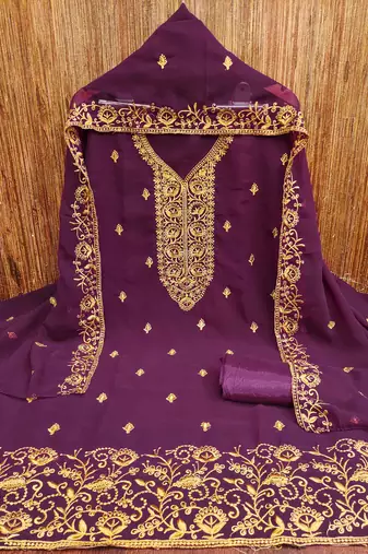 wine georgette embroidered unstitched dressmaterials 3 pair top bottom dupptaa