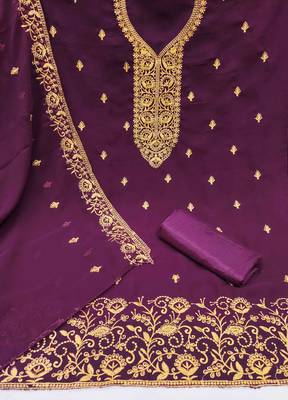 wine georgette embroidered unstitched dressmaterials 3 pair top bottom dupptaa 3