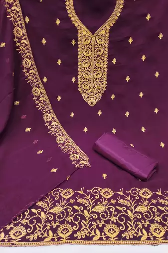 wine georgette embroidered unstitched dressmaterials 3 pair top bottom dupptaa