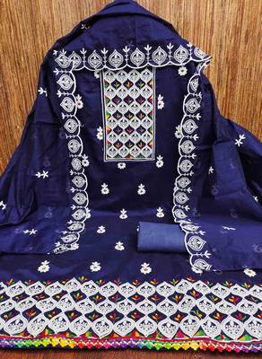 blue chanderi embroidered unstitched dress materials 3 pair top bottom dupatta 2