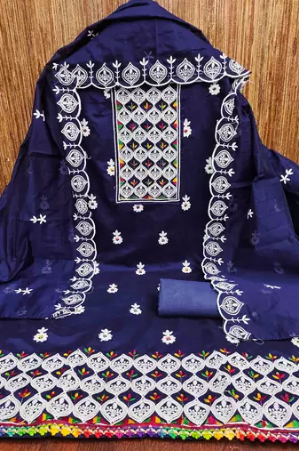blue chanderi embroidered unstitched dress materials 3 pair top bottom dupatta