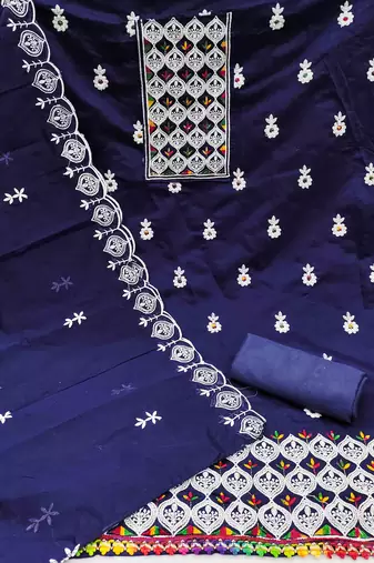 blue chanderi embroidered unstitched dress materials 3 pair top bottom dupatta
