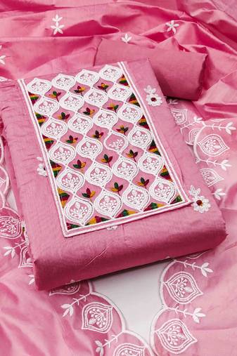 pink chanderi embroidered unstitched dress materials 3 pair top bottom dupatta