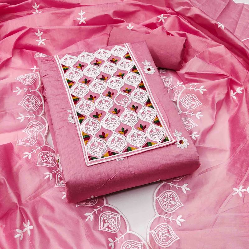 pink chanderi embroidered unstitched dress materials 3 pair top bottom dupatta