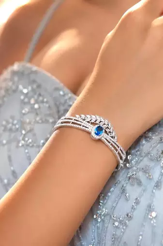 Blue Sapphire CZ Leaf Bracelet, Silver Plated Art Deco Crystal Wrist Cuff