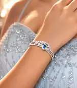 Blue Sapphire CZ Leaf Bracelet, Silver Plated Art Deco Crystal Wrist Cuff