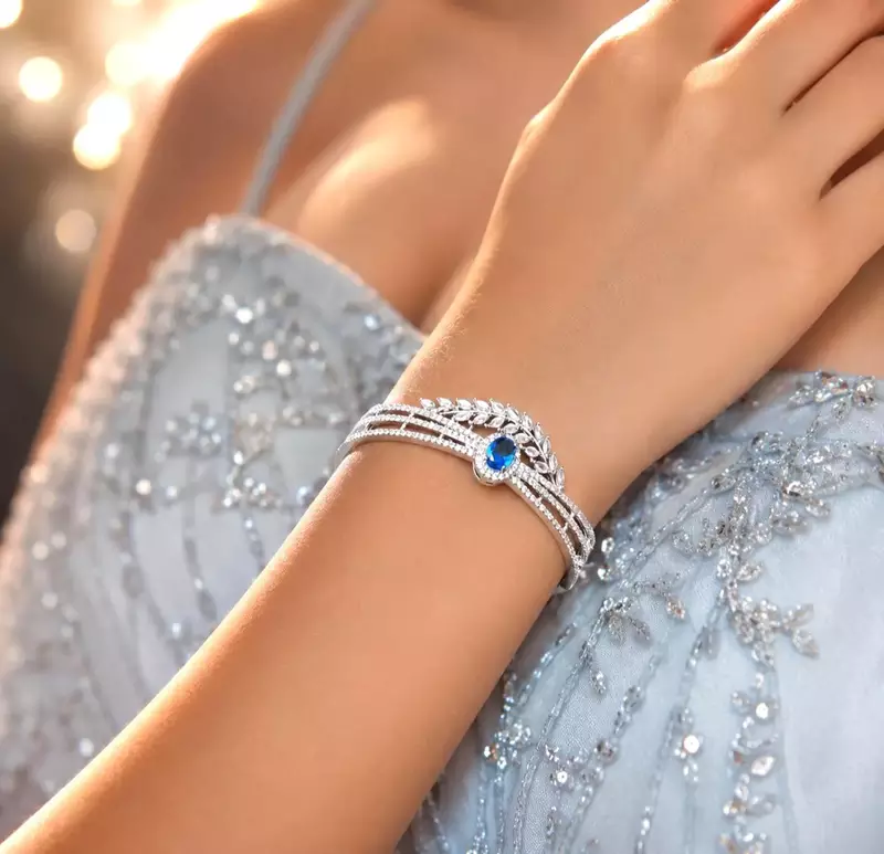 Blue Sapphire CZ Leaf Bracelet, Silver Plated Art Deco Crystal Wrist Cuff