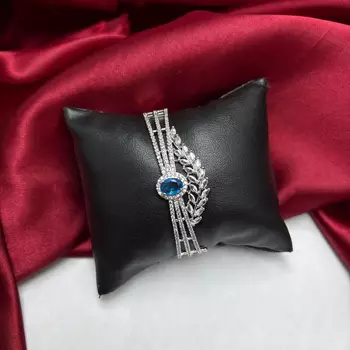 Blue Sapphire CZ Leaf Bracelet, Silver Plated Art Deco Crystal Wrist Cuff 2