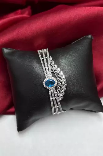 Blue Sapphire CZ Leaf Bracelet, Silver Plated Art Deco Crystal Wrist Cuff