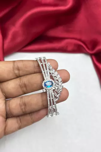 Blue Sapphire CZ Leaf Bracelet, Silver Plated Art Deco Crystal Wrist Cuff
