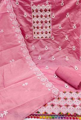 pink chanderi embroidered unstitched dress materials 3 pair top bottom dupatta 2