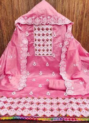 pink chanderi embroidered unstitched dress materials 3 pair top bottom dupatta 3