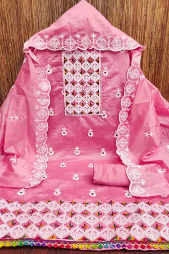 pink chanderi embroidered unstitched dress materials 3 pair top bottom dupatta