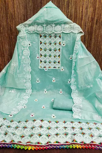teal chanderi embroidered unstitched dress materials 3 pair top bottom dupatta