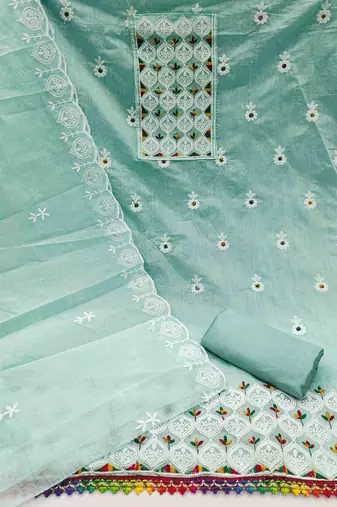 teal chanderi embroidered unstitched dress materials 3 pair top bottom dupatta