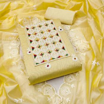 yellow chanderi embroidered unstitched dress materials 3 pair top bottom dupatta 1