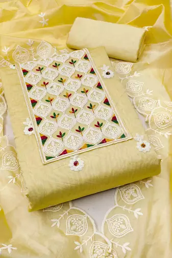 yellow chanderi embroidered unstitched dress materials 3 pair top bottom dupatta
