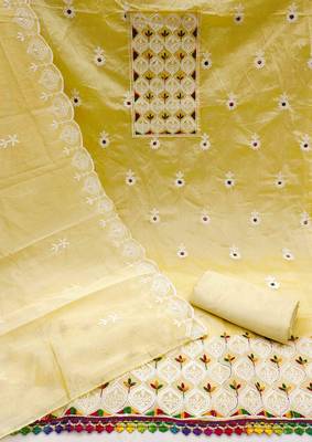 yellow chanderi embroidered unstitched dress materials 3 pair top bottom dupatta 2