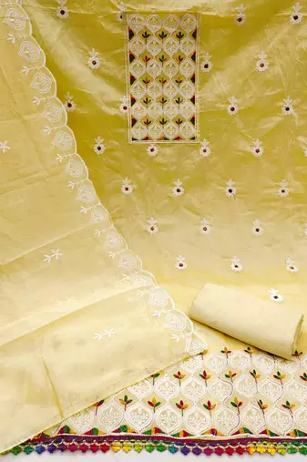 yellow chanderi embroidered unstitched dress materials 3 pair top bottom dupatta