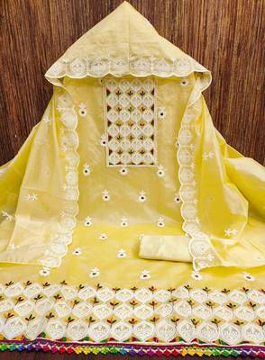 yellow chanderi embroidered unstitched dress materials 3 pair top bottom dupatta 3