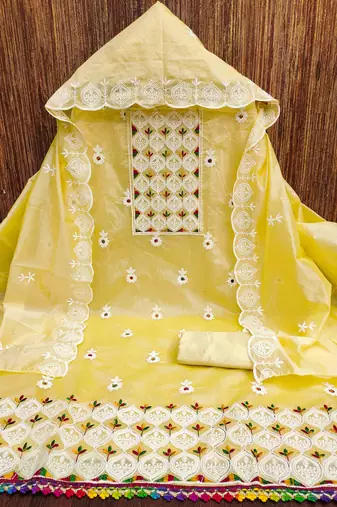 yellow chanderi embroidered unstitched dress materials 3 pair top bottom dupatta