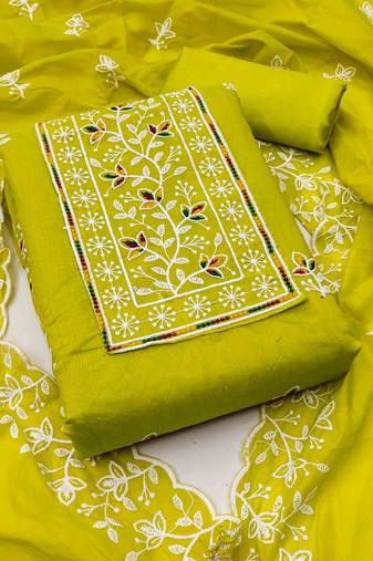 green chanderi embroidered unstitched dress materials 3 pair top bottom dupatta
