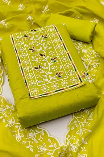green chanderi embroidered unstitched dress materials 3 pair top bottom dupatta