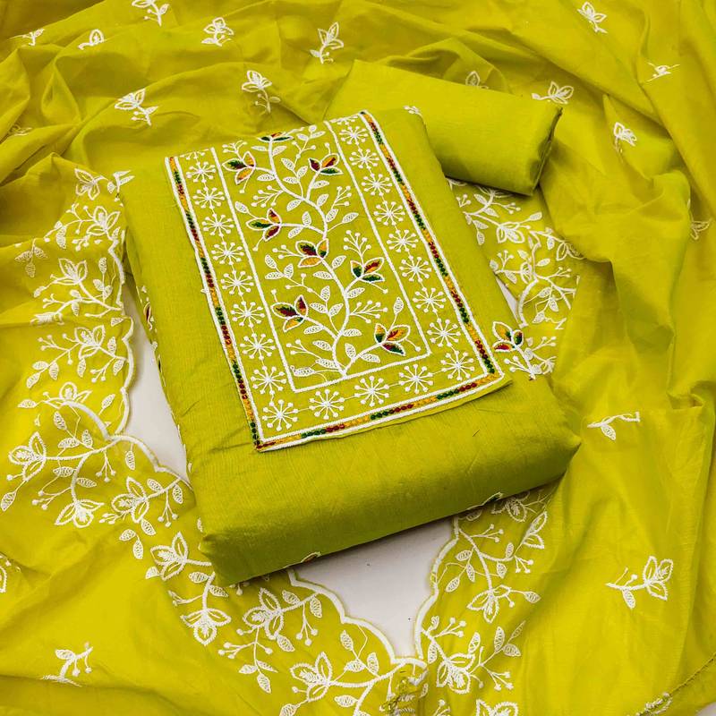 green chanderi embroidered unstitched dress materials 3 pair top bottom dupatta