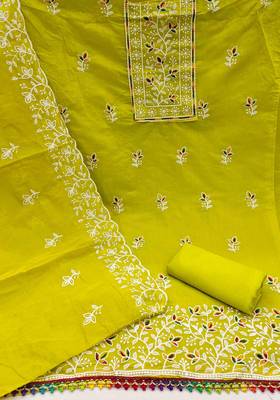 green chanderi embroidered unstitched dress materials 3 pair top bottom dupatta 2