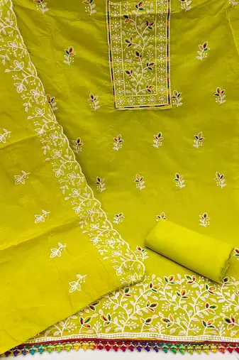 green chanderi embroidered unstitched dress materials 3 pair top bottom dupatta
