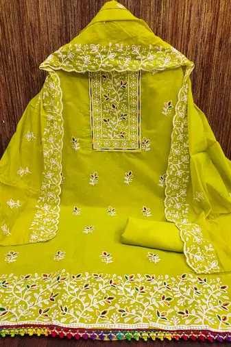 green chanderi embroidered unstitched dress materials 3 pair top bottom dupatta