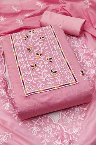 pink chanderi embroidered unstitched dress materials 3 pair top bottom dupatta