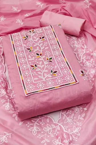 pink chanderi embroidered unstitched dress materials 3 pair top bottom dupatta