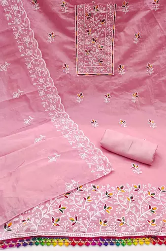 pink chanderi embroidered unstitched dress materials 3 pair top bottom dupatta