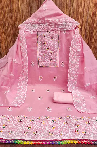 pink chanderi embroidered unstitched dress materials 3 pair top bottom dupatta