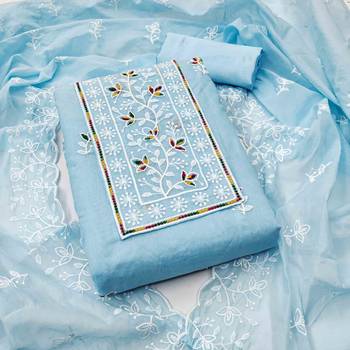 teal chanderi embroidered unstitched dress materials 3 pair top bottom dupatta 1