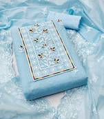 teal chanderi embroidered unstitched dress materials 3 pair top bottom dupatta
