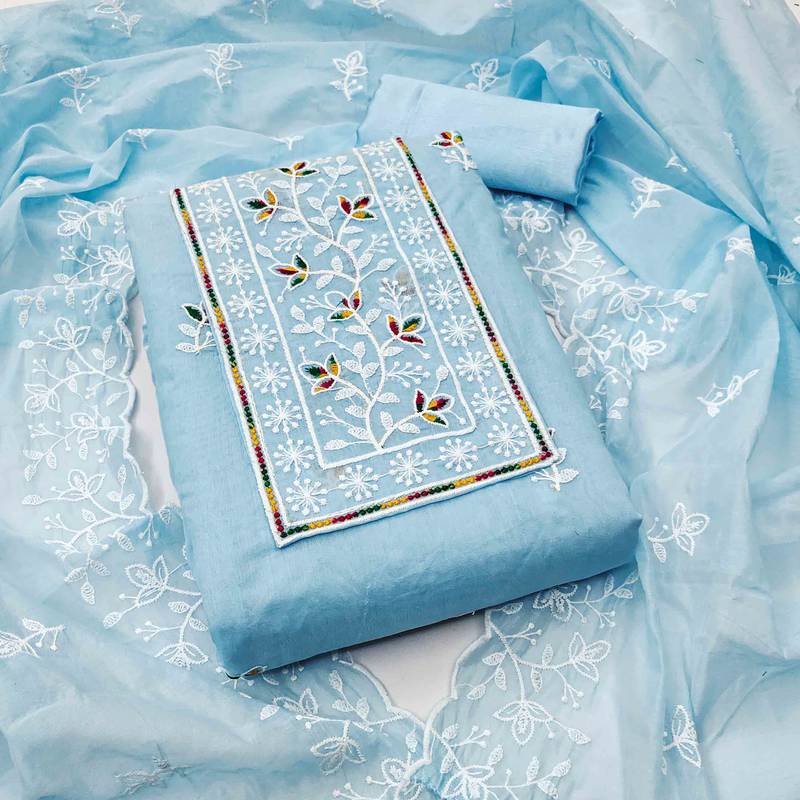 teal chanderi embroidered unstitched dress materials 3 pair top bottom dupatta