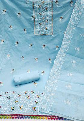 teal chanderi embroidered unstitched dress materials 3 pair top bottom dupatta 2