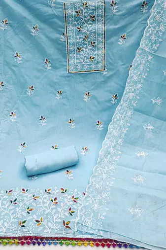 teal chanderi embroidered unstitched dress materials 3 pair top bottom dupatta