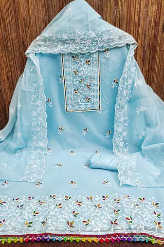 teal chanderi embroidered unstitched dress materials 3 pair top bottom dupatta